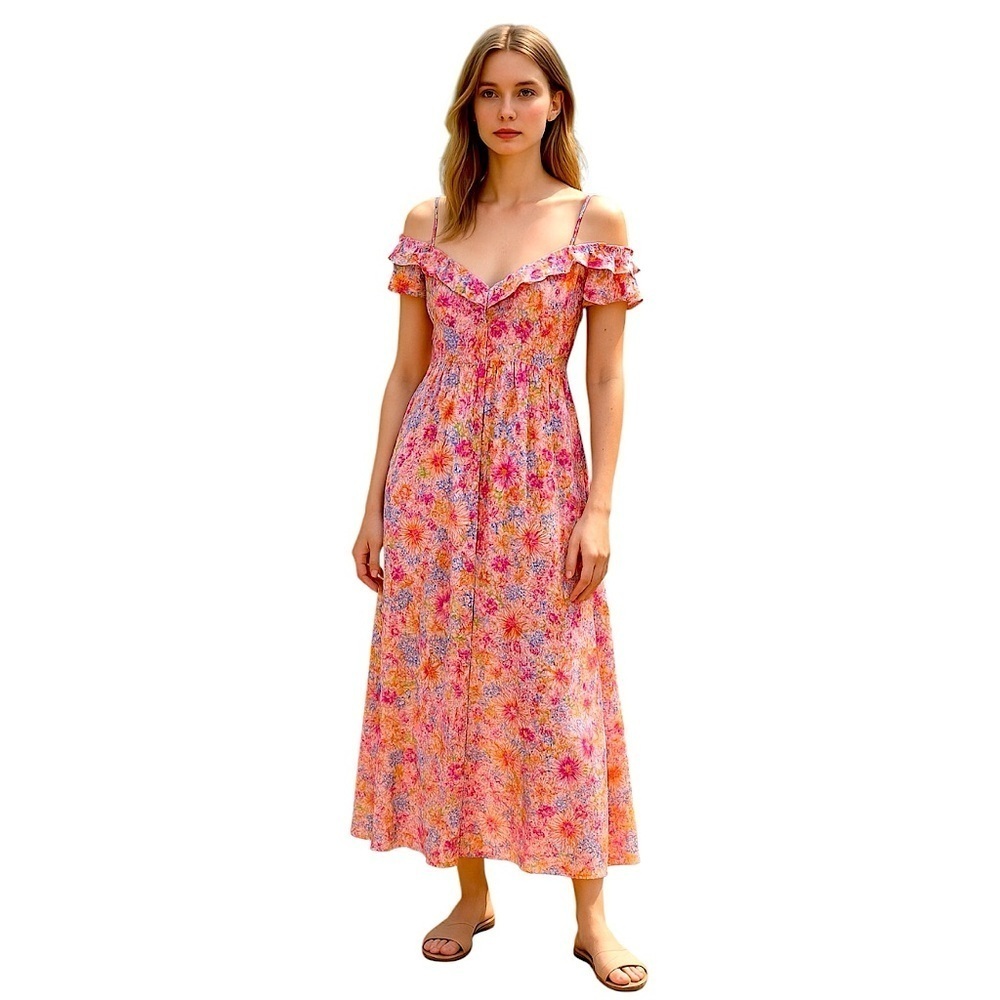 Floral Maxi Dress Pink Sz M Colorful Cotton Ruffle Neckline Boho Prairie
